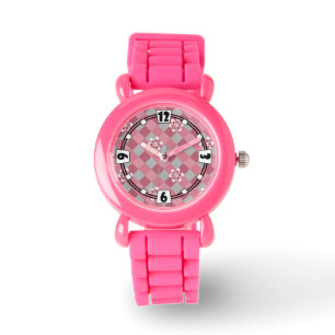 Gray and pink plaid with chamomile flowers watch
