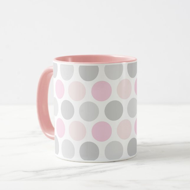 Gray and Pink Polka Dot Pattern Coffee Mug Cup (Front Left)