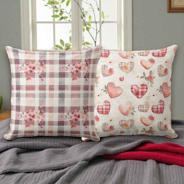 Gray and Red Gingham Hearts Double Sided Cushion (Creator Uploaded)