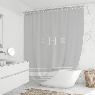 Gray and White Classic Stripe Border Monogram Shower Curtain