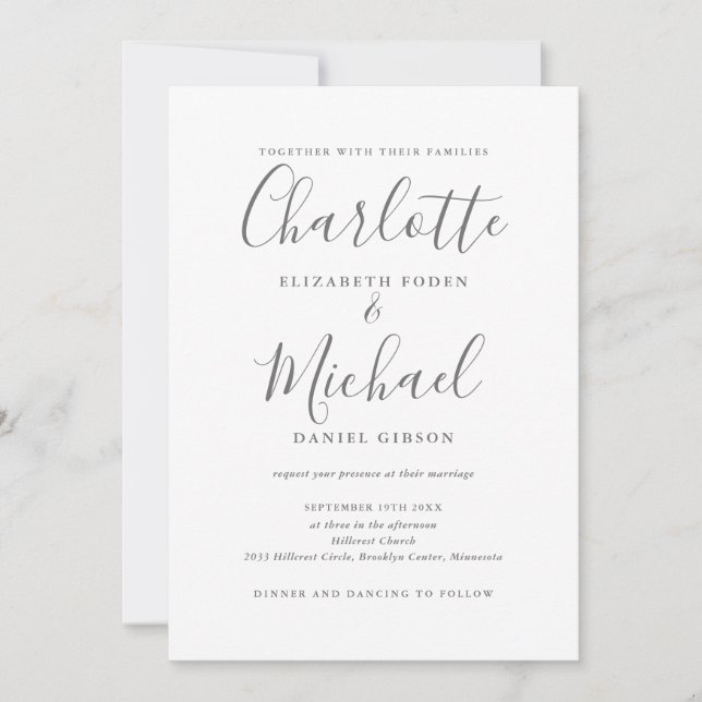 Gray And White Elegant Script QR Code Wedding Invitation (Front)