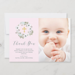 Gray and White Floral on Pink Photo Baptism Thank You Card