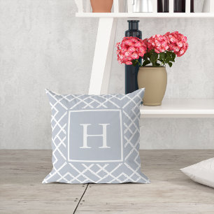Gray and White Geometric Bamboo Lattice Monogram Cushion