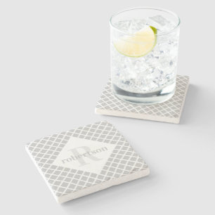 Gray and White Geometric Modern Monogrammed Stone Coaster