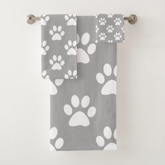 Gray and white paw prints bath towel set (Insitu)