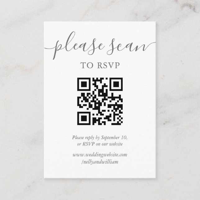 Gray And White Script RSVP QR Code Photo Enclosure Card (Front)