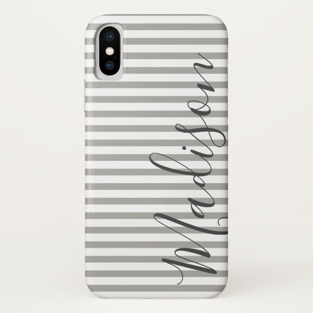 Gray and White Stripes  Personalized Name Case-Mate iPhone Case (Back)