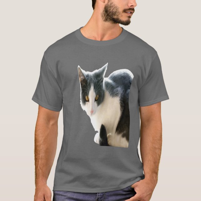 Gray And White Tuxedo Cat Vector Art T-Shirt (Front)