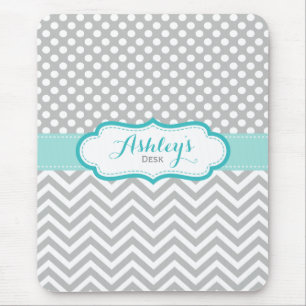 Gray Aqua Personalized Polka Dots Chevron Pattern Mouse Pad