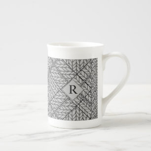 GRAY ARGYLE KNIT Bone China Mug + Text