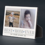 Gray BEST MOM EVER collage 2 Photo Blue Hearts  Plaque<br><div class="desc">Create a the perfect sweet keepsake for newly  mom for Christmas or  Mother's day with this amazing design using two (2) of your favorite photos and  custom message. "Best mom Ever" appears along the bottom in delicate gray  lettering with little blue hearts. Perfect for mother of boys!</div>