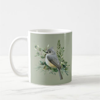 Gray Bird on Branch olive green background Mug