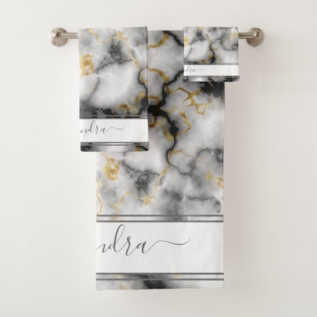 Gray Black and Gold Modern Marble Custom Elegant Bath Towel Set (Insitu)