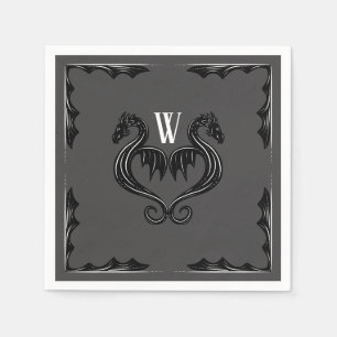 Gray Black Dragon Monogram Fantasy Wedding Napkin