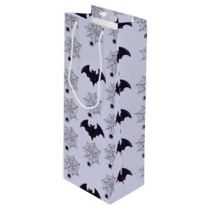 GRAY & BLACK HALLOWEEN SPIDER WEBS BATS WINE GIFT BAG