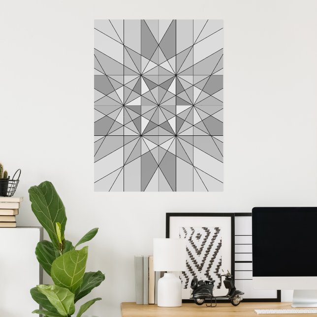 Gray black white Mosaic Triangle retro Pattern Poster (Home Office)