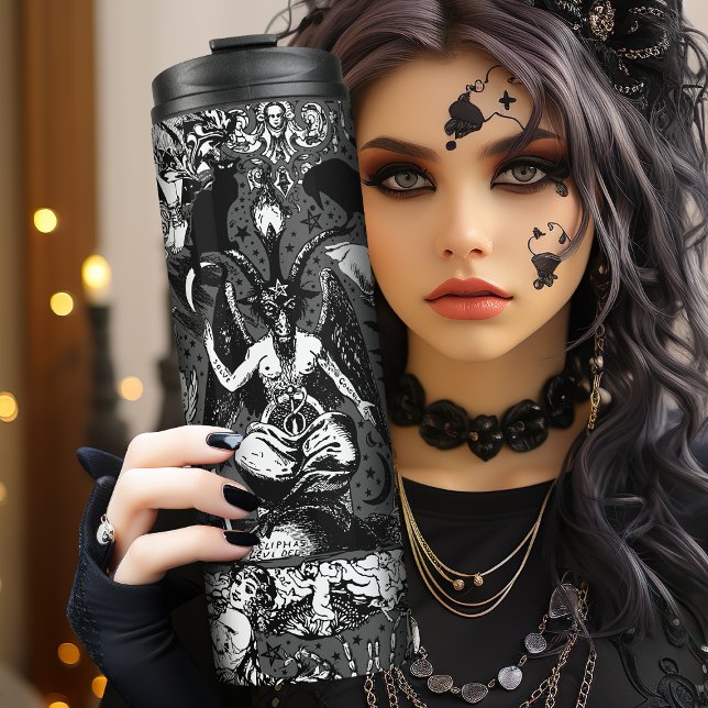 Gray Black Witchy Gothic Victorian Goth Baphomet Thermal Tumbler (If you love all things witchy and alternative, this is the flask for you. Cats, Bats and Baphomet.)