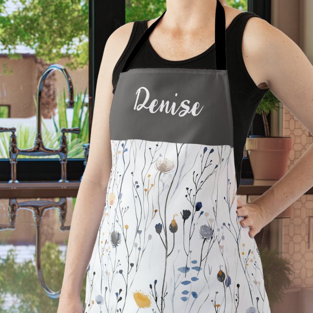 Gray Blue Watercolor Wildflower Custom Name Apron (Creator Uploaded)