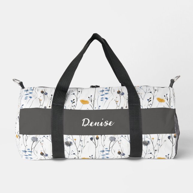 Gray Blue Watercolor Wildflower Monogram Duffle Bag (Front)