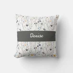 Gray Blue Watercolor Wildflower Monogram Name Cushion