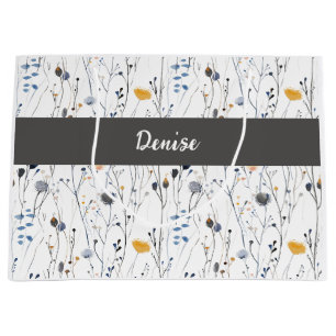 Gray Blue Wildflower Watercolor Monogram Name Large Gift Bag