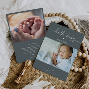Gray Boho Photo Hello Baby Announcement Card