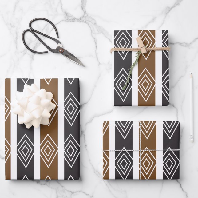 Gray Brown Geometric Diamond Stripes Wrapping Paper Sheet (Front)