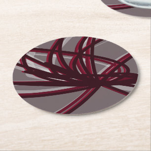 Gray & Burgundy Artistic Abstract Ribbons Round Paper Coaster