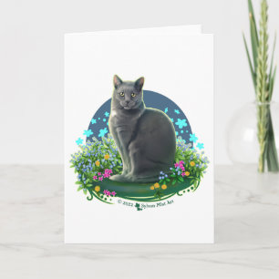 Gray Cat in the Flower Garden Card