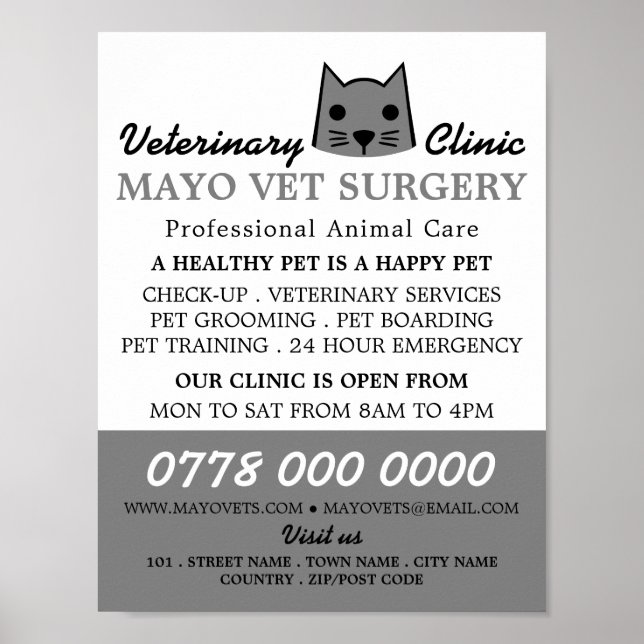 Gray Cat, Veterinarian, Veterinary Service Advert Poster (Front)