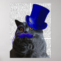 Gray Cat With Blue Top Hat and Blue Mustache