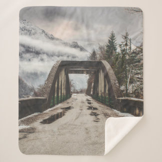 GRAY CONCRETE ARCH BRIDE BESIDE LEAFLESS TREE NEAR SHERPA BLANKET