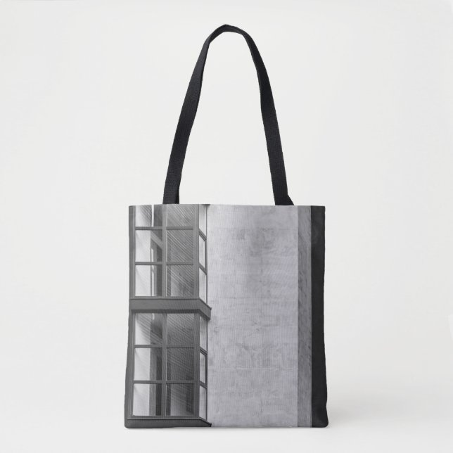 GRAY CONCRETE BUILDING WITH GLASS WINDOW TOTE BAG (Front)