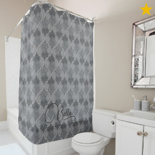 Gray Custom Name Watercolor Geometric Pattern Shower Curtain