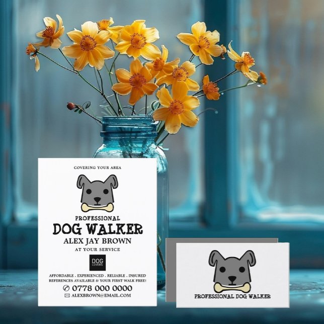 Gray Dog with Bone, Dog Walker Service Business Card (Creator Uploaded)