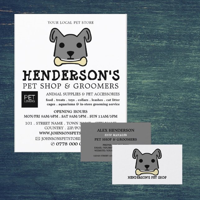 Gray Dog with Bone, Pet Store & Groomers Business Card (Creator Uploaded)
