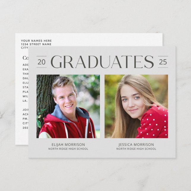 Gray Double Graduation Two Photos Neutral Grad Postcard (Front/Back)