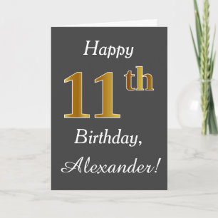 Gray, Faux Gold 11th Birthday + Custom Name Card