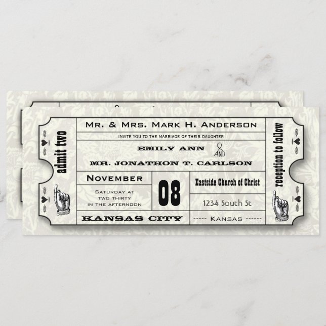 Gray Floral Modern Typography Ticket Wedding Invitation (Front/Back)