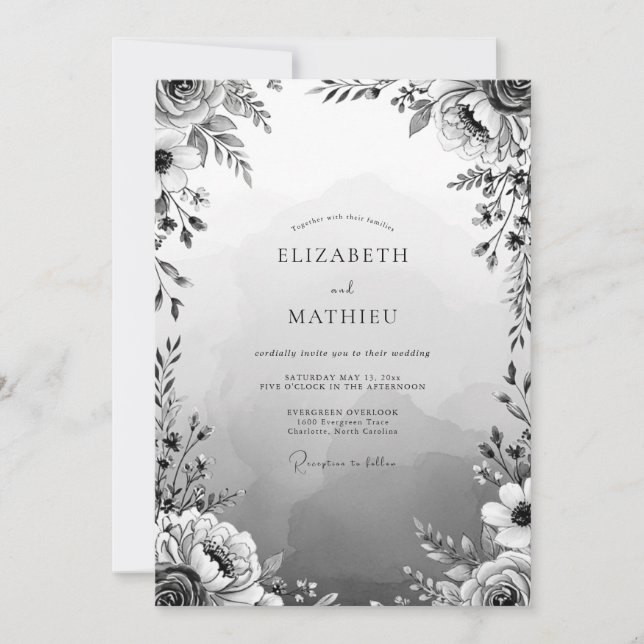 Gray Floral Romance Wedding Invitation (Front)