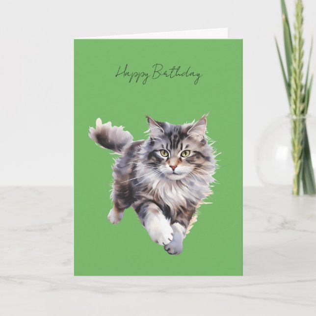 Gray Fluffy Cat Running Birthday Card #1 (Front)