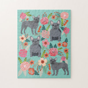 Gray French Bulldogs Vintage Florals Jigsaw Puzzle