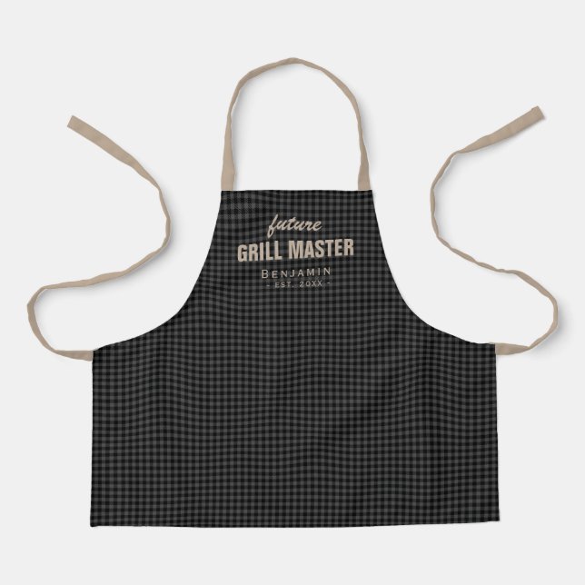 Gray gingham future grill master personalized apron (Front)