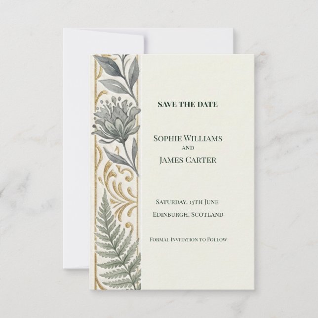 Gray Gold Botanical Save The Date Card (Front)