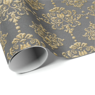 Gray Gold Floral Grungy Cottage Damask Sepia Royal Wrapping Paper