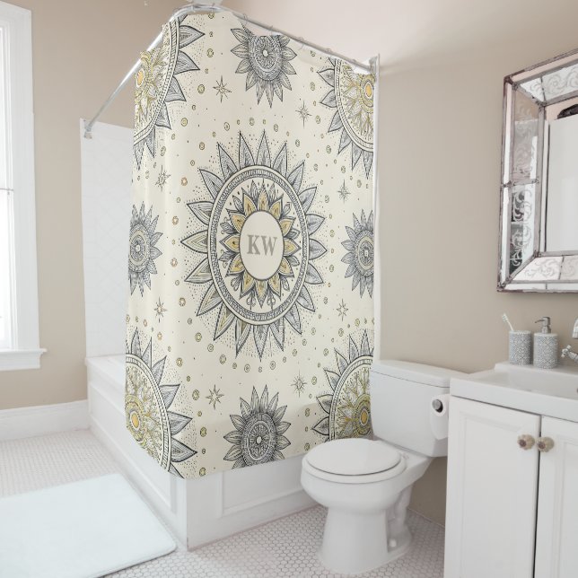 Gray Gold Mandala Pattern Monogram Shower Curtain (In Situ)