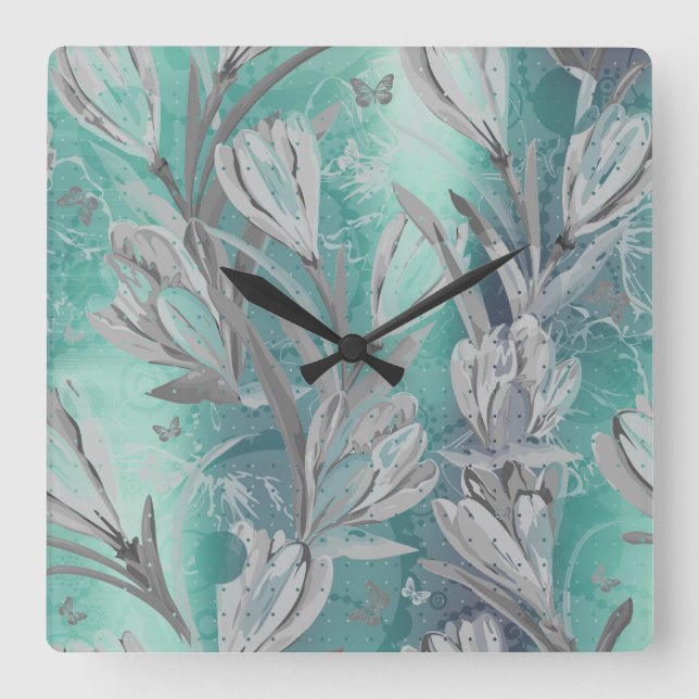 Gray Graphite Aquatic Teal Floral Butterfly Square Wall Clock (Front)