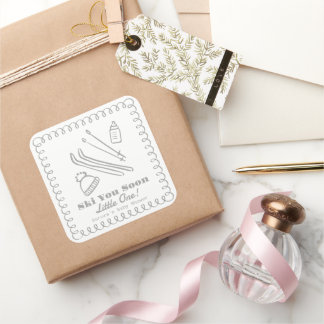 Gray Hand-Drawn Ski You Soon Baby Shower Square Sticker