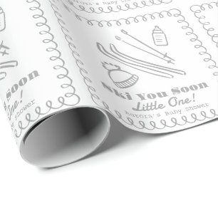 Gray Hand-Drawn Ski You Soon Baby Shower Wrapping Paper
