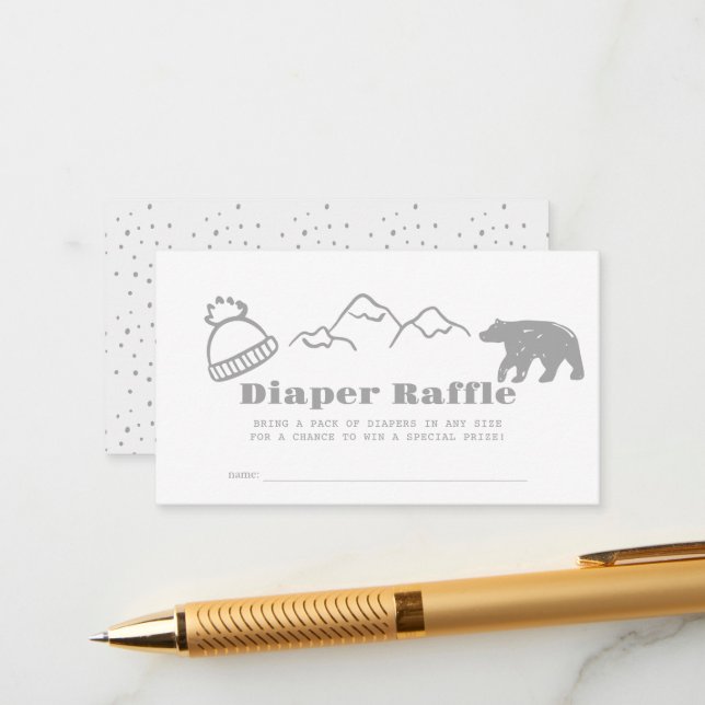 Gray Hand-Drawn Winter Baby Diaper Raffle Ticket Enclosure Card (Front/Back In Situ)